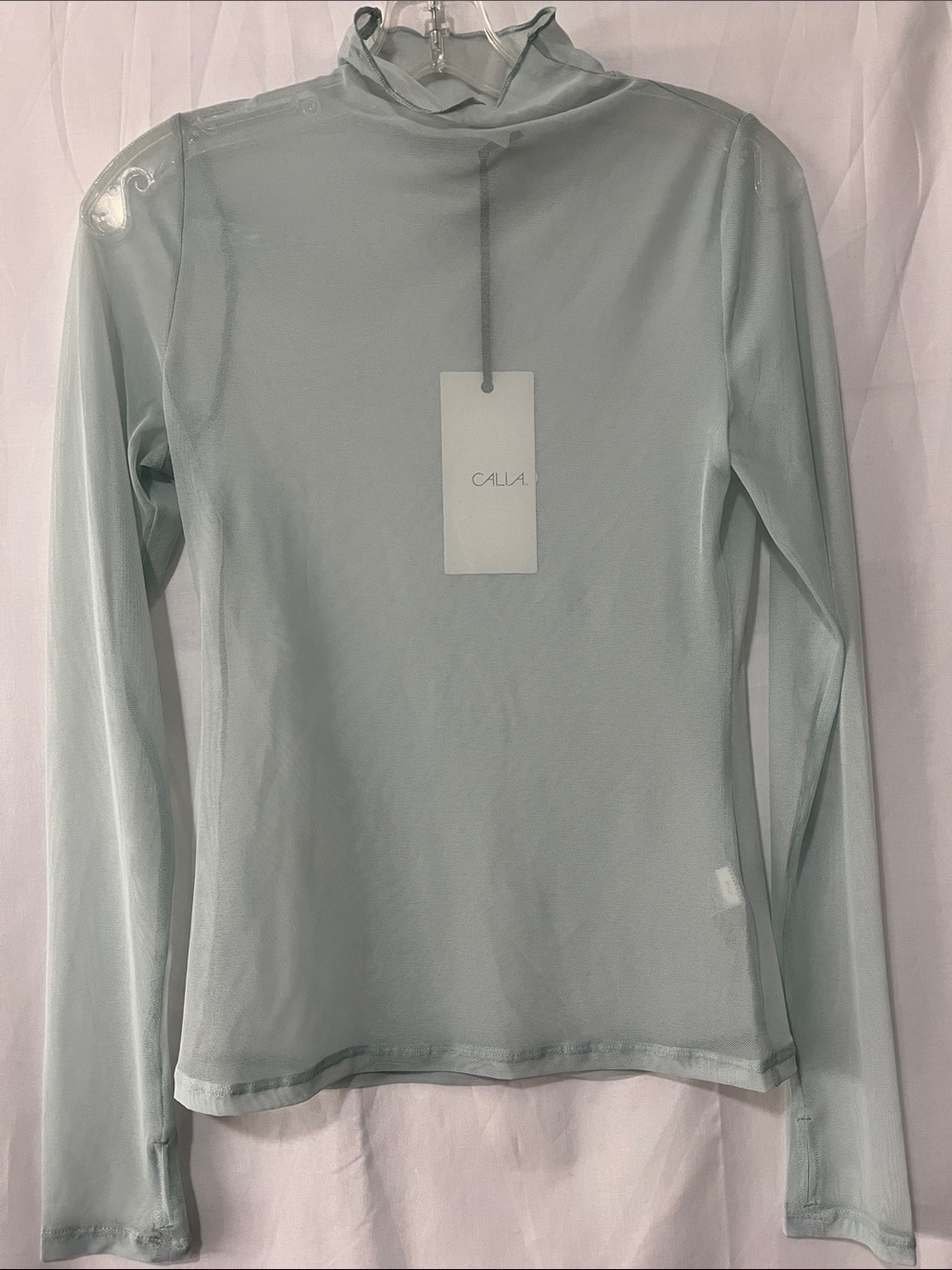 CALIA Draped Funnel Long-Sleeve High Neck Top in Smoked Turquoise. Small.